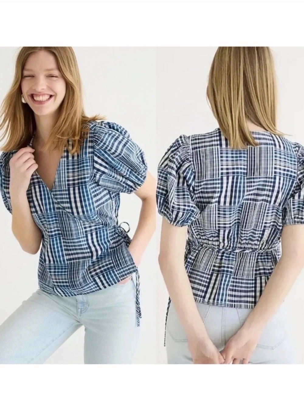 J.Crew Puff Sleeve Wrap Top Indigo Plaid Patchwork Cotton Blouse Size XS